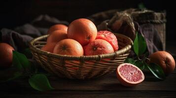 Closeup Grapefruits in a bamboo basket on a black background, photo