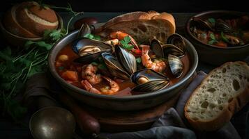 Closeup Cioppino soup with clam meat on a black plate and blur background, AI Generative photo