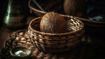 Closeup Coconuts fruits in a bamboo basket with blurred background, AI Generative photo