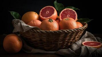 de cerca pomelos en un bambú cesta en un negro fondo, ai generativo foto