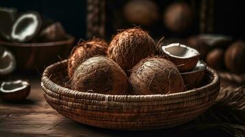 Coconuts fruits in a bamboo basket with blurred background, AI Generative photo