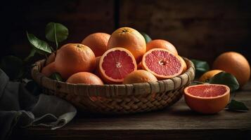 Grapefruits in a bamboo basket on a black background, photo