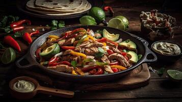 Closeup Fujitas with meat and pieces of red and green peppers, photo