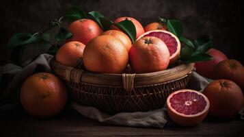 Grapefruits in a bamboo basket on a black background, photo