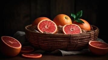 pomelos en un bambú cesta en un negro fondo, ai generativo foto