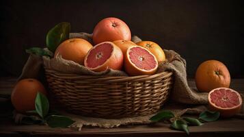 Closeup Fresh Grapefruits in a bamboo basket on a black background, photo