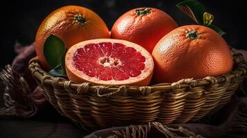 Grapefruits in a bamboo basket on wooden table with blur background, photo