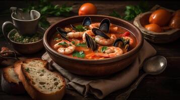 Cioppino sopa con almeja carne en un negro plato y difuminar fondo, ai generativo foto