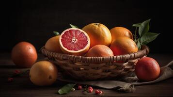 Grapefruits in a bamboo basket on a black background, photo