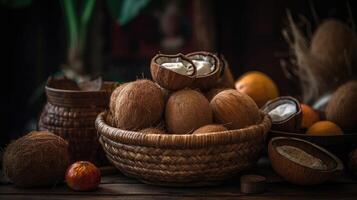 Closeup Coconuts fruits in a bamboo basket with blurred background, AI Generative photo