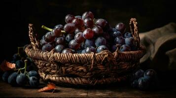 close-up fresh grape fruits on bamboo basket with blurred background, AI Generative photo