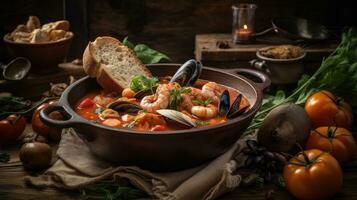 cerca arriba Cioppino sopa con almeja carne en un negro plato y difuminar fondo, ai generativo foto