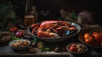 Cioppino sopa con almeja carne en un negro plato y difuminar fondo, ai generativo foto