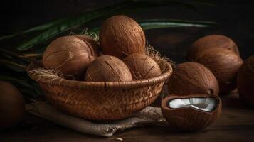 Closeup Coconuts fruits in a bamboo basket with blurred background, AI Generative photo