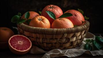 Closeup Grapefruits in a bamboo basket on a black background, photo