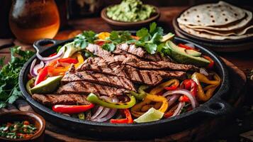 Fujitas with meat and pieces of red and green peppers on a wooden plate with blurred background, photo