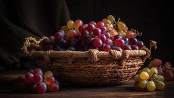 Grape fruits on bamboo basket with blurred background, photo