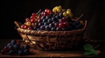 Grape fruits on bamboo basket with blurred background, photo