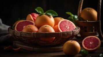 Closeup Grapefruits in a bamboo basket on a black background, photo