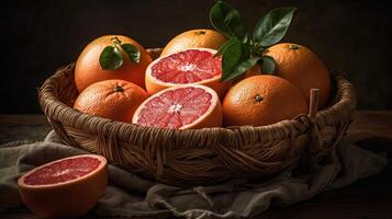 Grapefruits in a bamboo basket on a black background, photo
