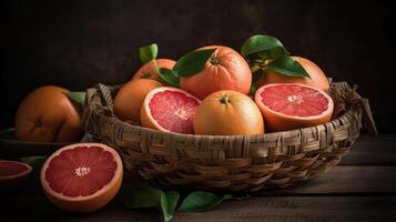 Grapefruits in a bamboo basket on a black background, photo