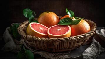 Grapefruits in a bamboo basket on a black background, photo