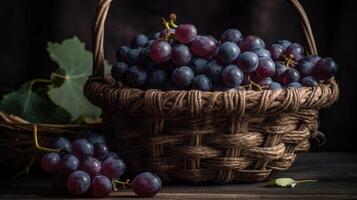 Fresh Grape fruits on bamboo basket with blurred background, photo
