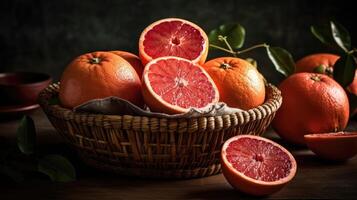 Closeup Fresh Grapefruits in a bamboo basket on a black background, photo