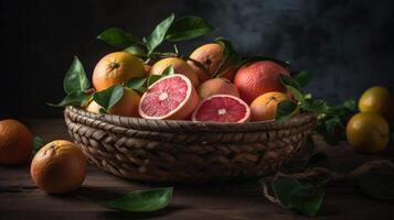 Closeup Grapefruits in a bamboo basket on a black background, photo
