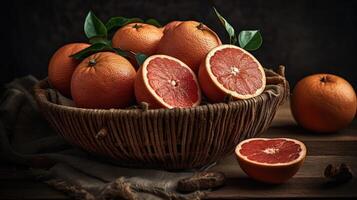 Grapefruits in a bamboo basket on a black background, photo