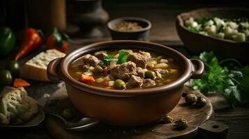 closeup green chile stew mexican food on wooden mug with blurred background, AI Generative photo