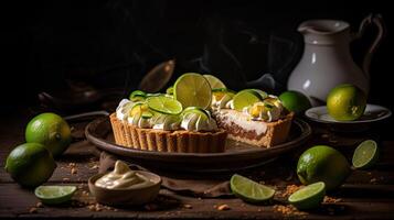 Lima tarta con rebanado Lima Fruta difuminar fondo, ai generativo foto