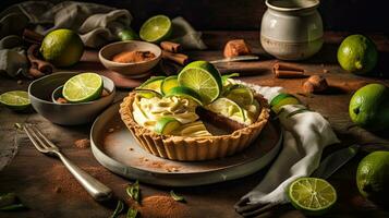 Lima tarta con rebanado Lima Fruta difuminar fondo, ai generativo foto