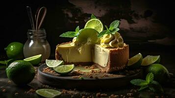 Lime Pie with sliced lime fruit blur background, AI Generative photo