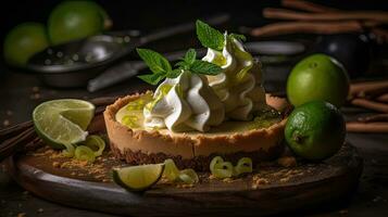 Lime Pie with sliced lime fruit blur background, AI Generative photo