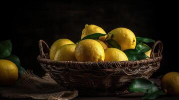 Fresh Lemon in a bamboo basket with blurred background, photo
