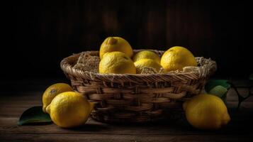 Fresh Lemon in a bamboo basket with blurred background, photo