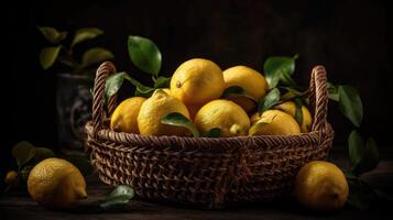 Fresh Lemon in a bamboo basket with blurred background, photo