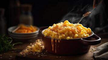 Closeup Macaroni cheese above a bowl with a blurred background, AI Generative photo