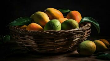 Mango fruits in a bamboo basket with blurred background, AI Generative photo