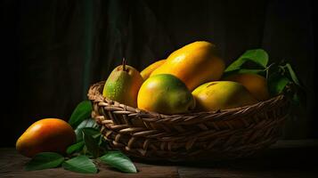 mango frutas en un bambú cesta con borroso fondo, ai generativo foto
