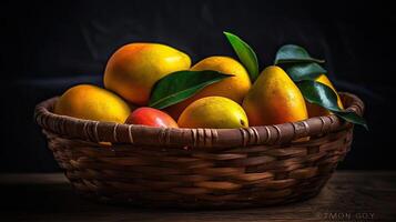 Close-up Fresh Mango fruits in a bamboo basket with blurred background, photo