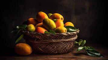 Mango fruits in a bamboo basket with blurred background, photo