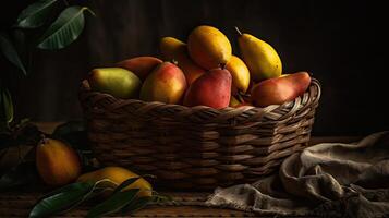 Mango fruits in a bamboo basket with blurred background, photo