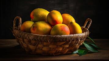 Close-up Fresh Mango fruits in a bamboo basket with blurred background, photo