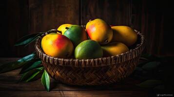 Mango fruits in a bamboo basket with blurred background, photo