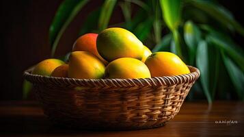 Mango fruits in a bamboo basket with blurred background, photo