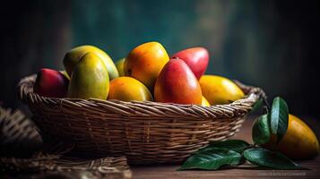 Close-up Fresh Mango fruits in a bamboo basket with blurred background, photo