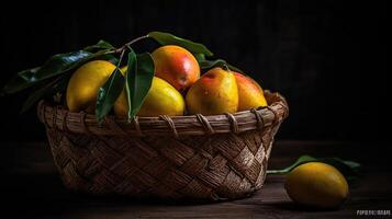 Close-up Fresh Mango fruits in a bamboo basket with blurred background, photo