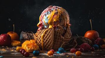 sweet ice cream of various colors and filled with fruit, cream and chocolate sprinkles, AI Generative photo